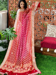 Pink, Red Handwoven NeemZari Bareek Bandhani with Gotapatti Handwork in Pure Georgette