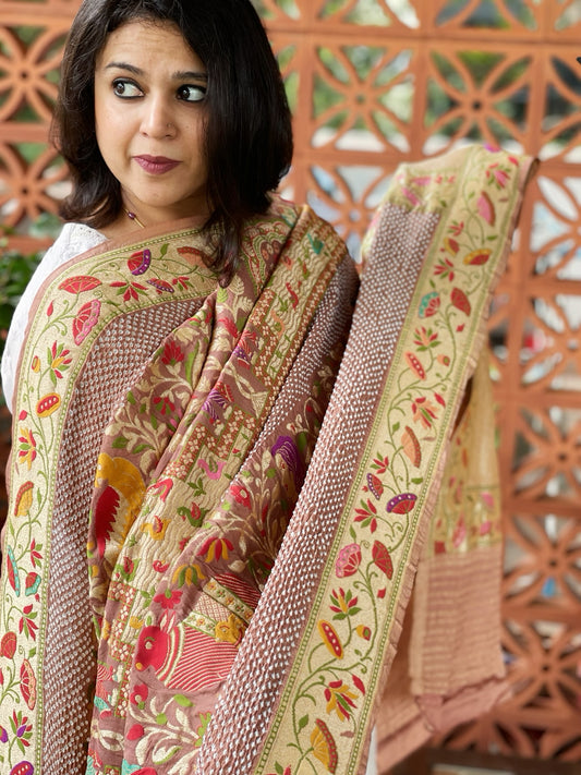 Antique Rose Rai Bandhej Dupatta with Meenakari Jaal design in Georgette