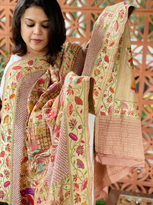 Antique Rose Rai Bandhej Dupatta with Meenakari Jaal design in Georgette