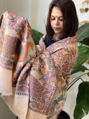 Peachish Pink Woven Zari Pashmina Shawl with Kaani Design Border & Pallu