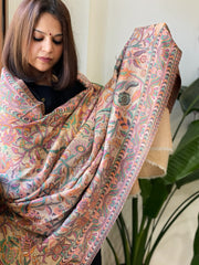 Peachish Pink Woven Zari Pashmina Shawl with Kaani Design Border & Pallu