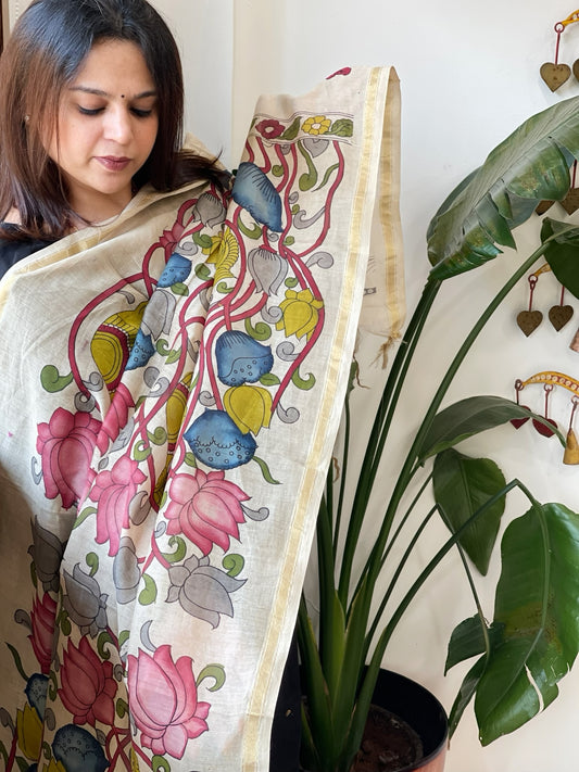 Handpainted Kalamkari Dupatta in Chanderi Silk