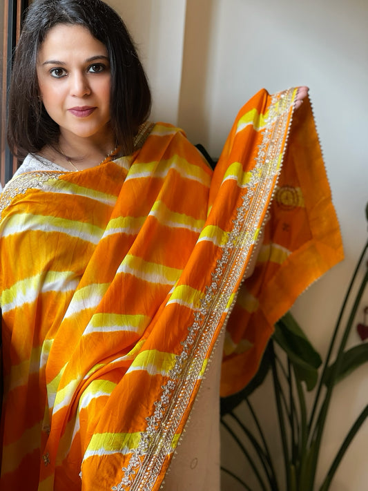 Yellow, Haldi Yellow Handmade Leheriya Dupatta with Gotapatti and Pearl Handwork in Pure Gajji Silk