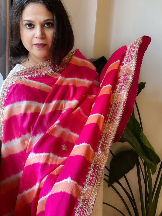 Pink, Peach Handmade Leheriya Dupatta with Gotapatti and Pearl Handwork in Pure Gajji Silk