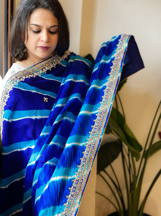 Blue Handmade Leheriya Dupatta with Gotapatti and Pearl Handwork in Pure Gajji Silk