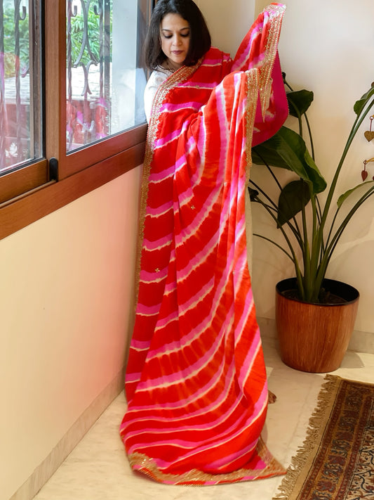 Orange, Pink Handmade Leheriya Dupatta with Gotapatti and Pearl Handwork in Pure Gajji Silk