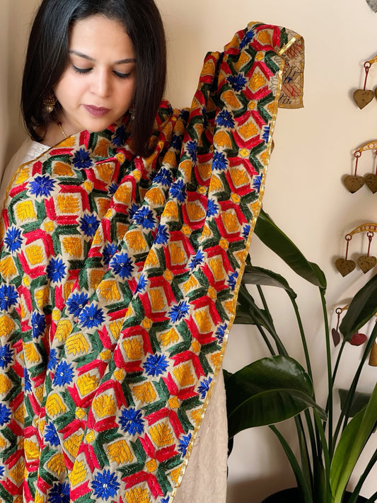 Handmade Bagh Phulkari Dupatta in Cotton