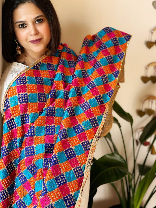 Handmade Bagh Phulkari Dupatta in Cotton