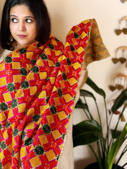 Handmade Bagh Phulkari Dupatta in Cotton