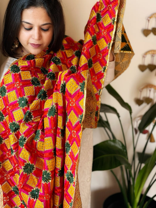 Handmade Bagh Phulkari Dupatta in Cotton