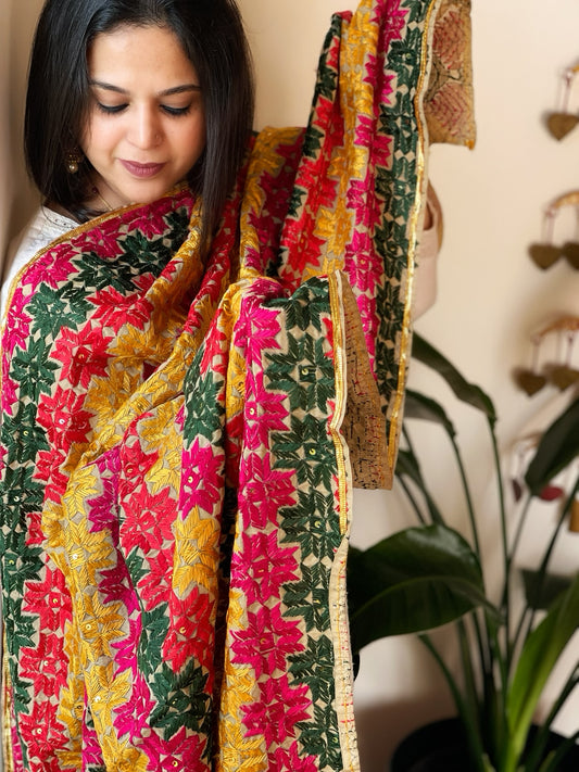 Handmade Bagh Phulkari Dupatta in Cotton