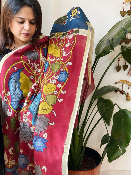 Handpainted Kalamkari Dupatta in Chanderi Silk