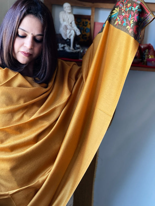 Mustard Woven Pashmina Shawl with Kaani Pallu