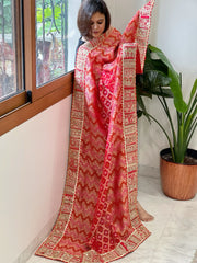 Red, Pink Woven Bandhej Banarasi Dupatta in Fine Georgette with Pearl, Sequin, Dabka Work