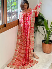 Red, Pink Woven Bandhej Banarasi Dupatta in Fine Georgette with Pearl, Sequin, Dabka Work