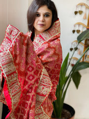 Red, Pink Woven Bandhej Banarasi Dupatta in Fine Georgette with Pearl, Sequin, Dabka Work