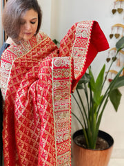Red Woven Bandhej Banarasi Dupatta in Fine Georgette with Pearl, Sequin, Dabka Work