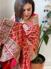Red Woven Bandhej Banarasi Dupatta in Fine Georgette with Pearl, Sequin, Dabka Work
