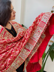 Red Woven Bandhej Banarasi Dupatta in Fine Georgette with Pearl, Sequin, Dabka Work