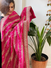 Pink Printed Bandhej Dupatta in Chinon with Gold Thread and Sequin Work