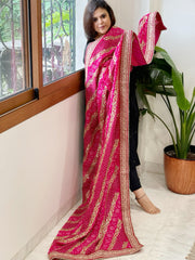 Pink Printed Bandhej Dupatta in Chinon with Gold Thread and Sequin Work