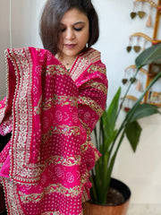 Pink Printed Bandhej Dupatta in Chinon with Gold Thread and Sequin Work