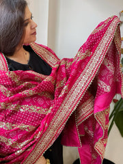Pink Printed Bandhej Dupatta in Chinon with Gold Thread and Sequin Work