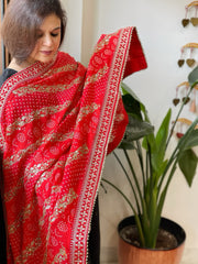 Orange Printed Bandhej Dupatta in Chinon with Gold Thread and Sequin Work
