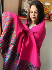 Pink Woven Woollen Reversible Zari Shawl with Kaani Pallu