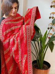 Orange Printed Bandhej Dupatta in Chinon with Gold Thread and Sequin Work