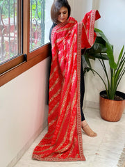Orange Printed Bandhej Dupatta in Chinon with Gold Thread and Sequin Work