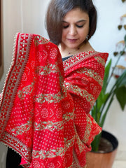 Orange Printed Bandhej Dupatta in Chinon with Gold Thread and Sequin Work