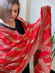 Orange Printed Bandhej Dupatta in Chinon with Gold Thread and Sequin Work