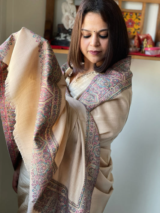 Lite Brown Woven Pashmina Shawl with Kaani Zari Border