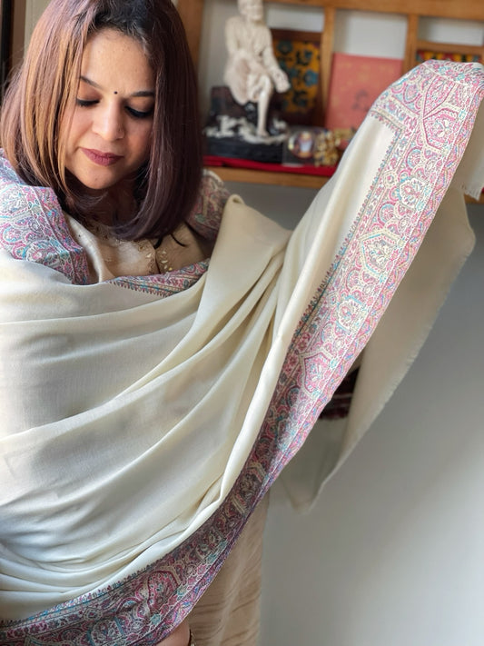 Ivory Woven Pashmina Shawl with Kaani Zari Border