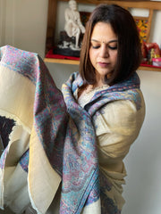 Ivory Gold Woven Zari Pashmina Shawl with Kaani Design Border & Pallu