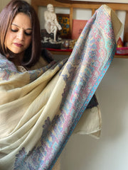 Ivory Gold Woven Zari Pashmina Shawl with Kaani Design Border & Pallu