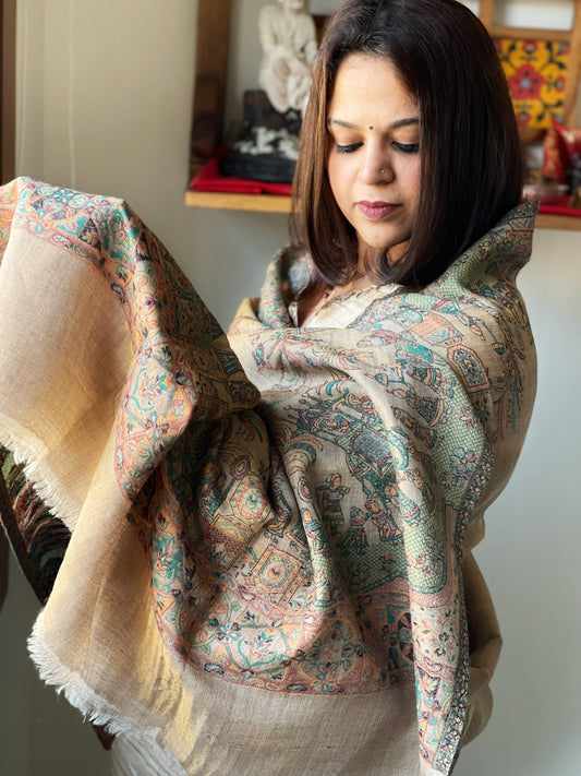 Gold Woven Zari Pashmina Shawl with Kaani Design Border & Pallu