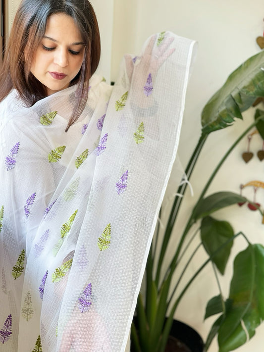 White Kota Cotton Dupatta with Thread Embroidery