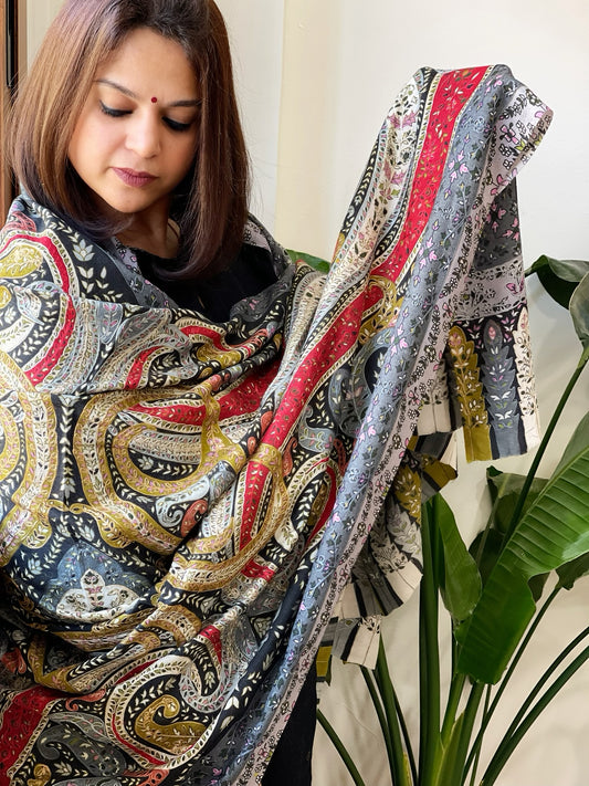 Woven Pashmina Kalamkari Shawl with Thread Embroidery