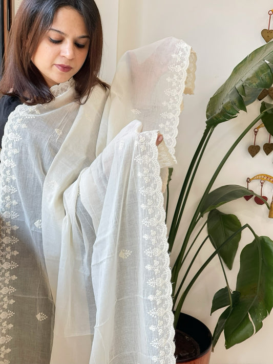 Off-White Cotton Dupatta with Embroidery