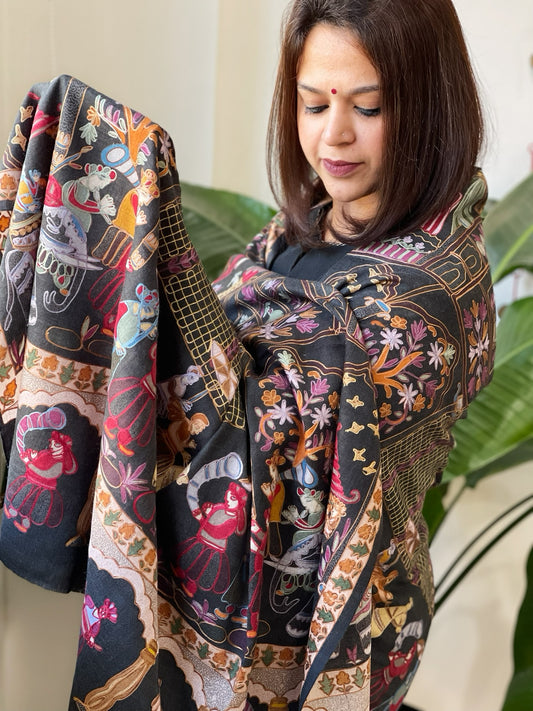 Woven Pashmina Kalamkari Shawl with Thread Embroidery