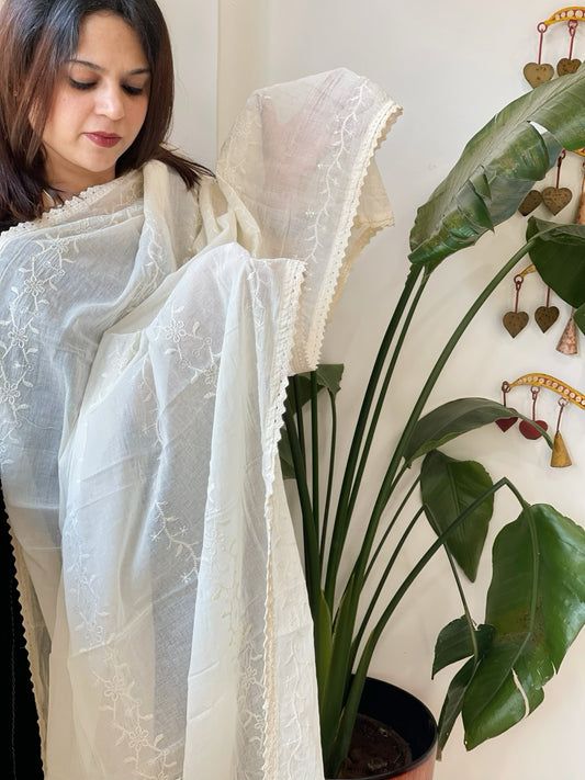 Off-White Cotton Dupatta with Embroidery