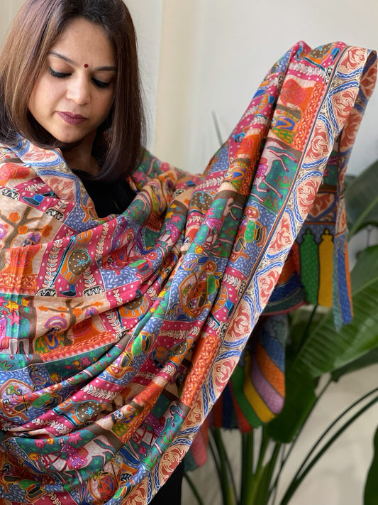 Woven Pashmina Kalamkari Shawl with Thread Embroidery