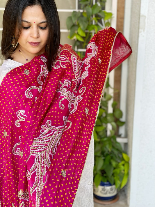 Pink and Red Bandhani Dupatta with Gotapatti Handwork in Pure Silk