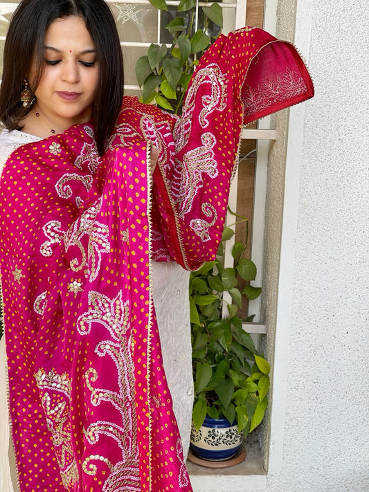 Pink and Red Bandhani Dupatta with Gotapatti Handwork in Pure Silk