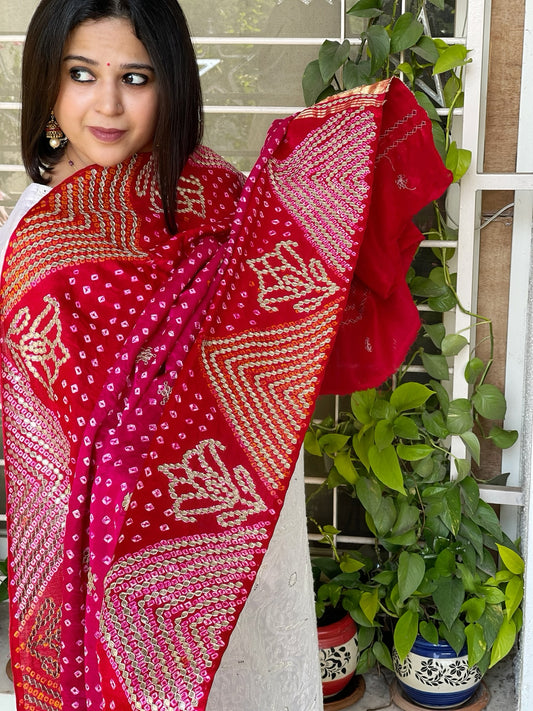 Pink and Red Bandhani Dupatta with Gotapatti Handwork in Pure Silk