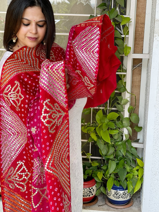 Pink and Red Bandhani Dupatta with Gotapatti Handwork in Pure Silk