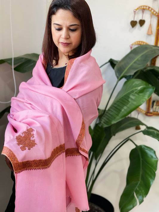 Pink Woven Pashmina Shawl with Thread Embroidery