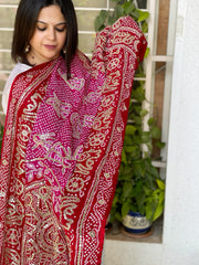 Pink and Red Bandhani Dupatta with Gotapatti Handwork in Pure Silk